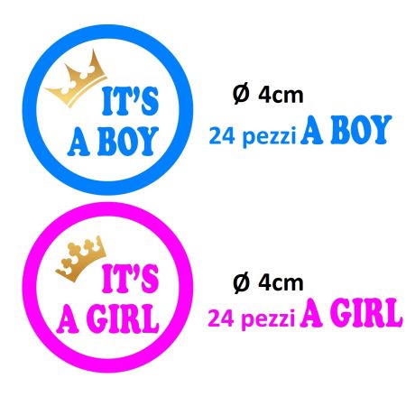 ADESIVI per FESTA BOY OR GIRL - Gender Reveal Party - Baby Shower  Decorazione - 1 Confezione da 24 adesivi IT'S A BOY + 24 adesivi IT'S A GIRL  - TOTALE: 48 Adesivi IT'S A 